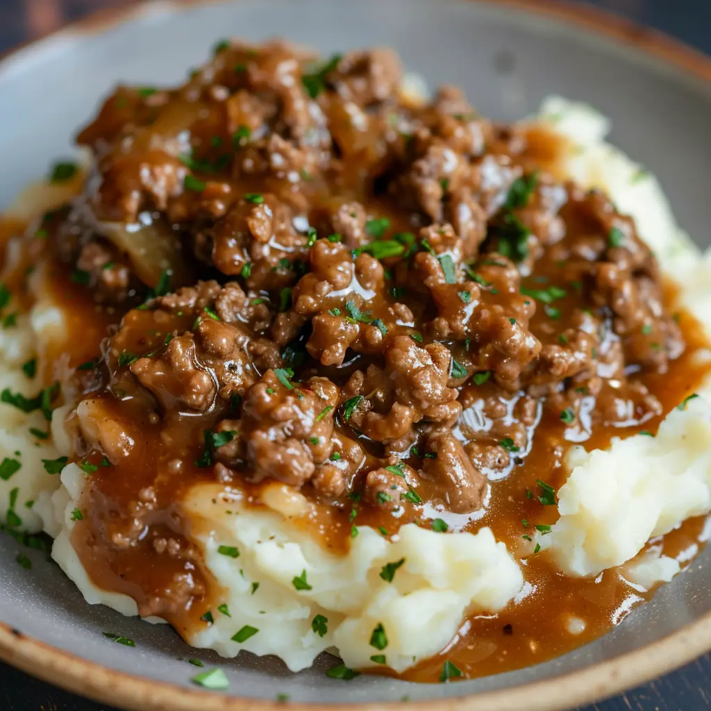 Ground Beef and Gravy Over Mashed Potatoes