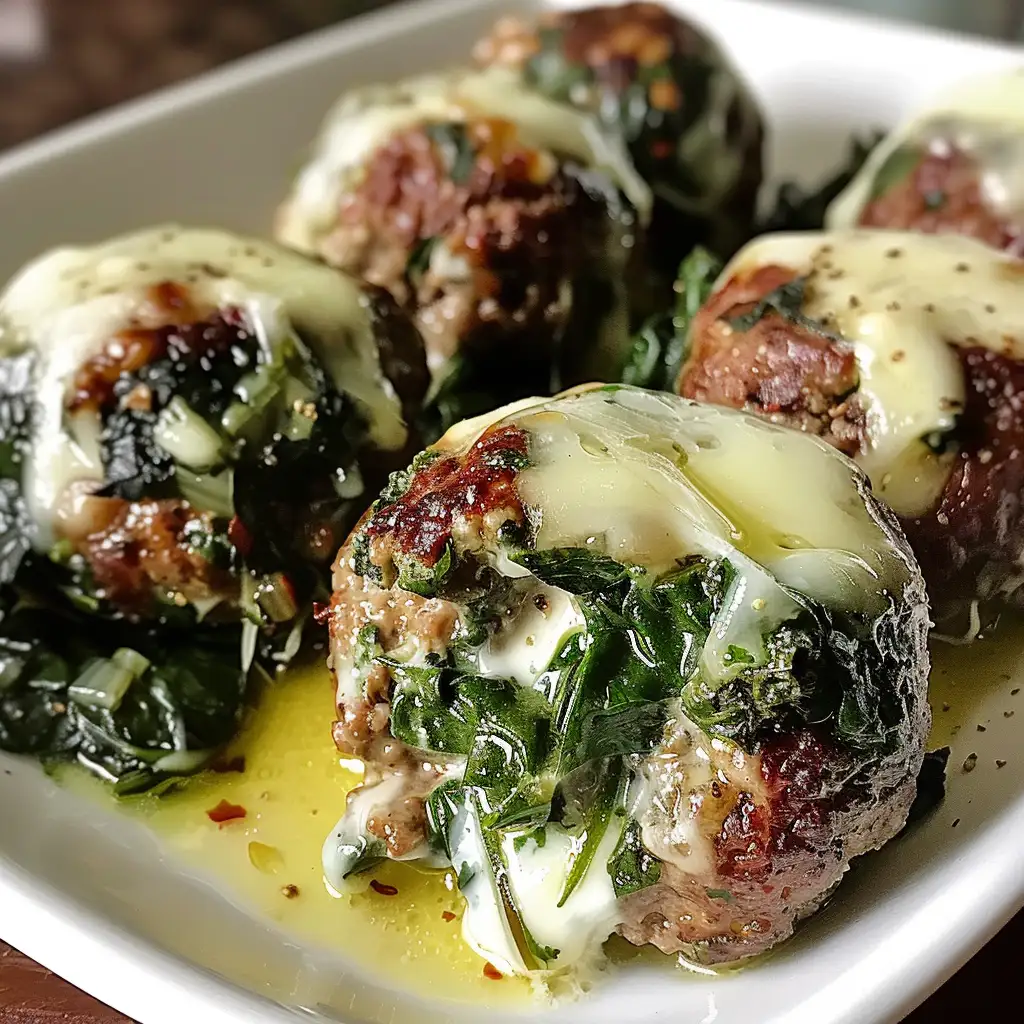 Spinach Garlic Meatballs Stuffed With Mozzarella