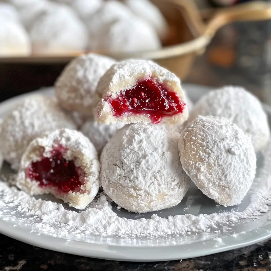 Raspberry Filled Almond Snowball Cookies